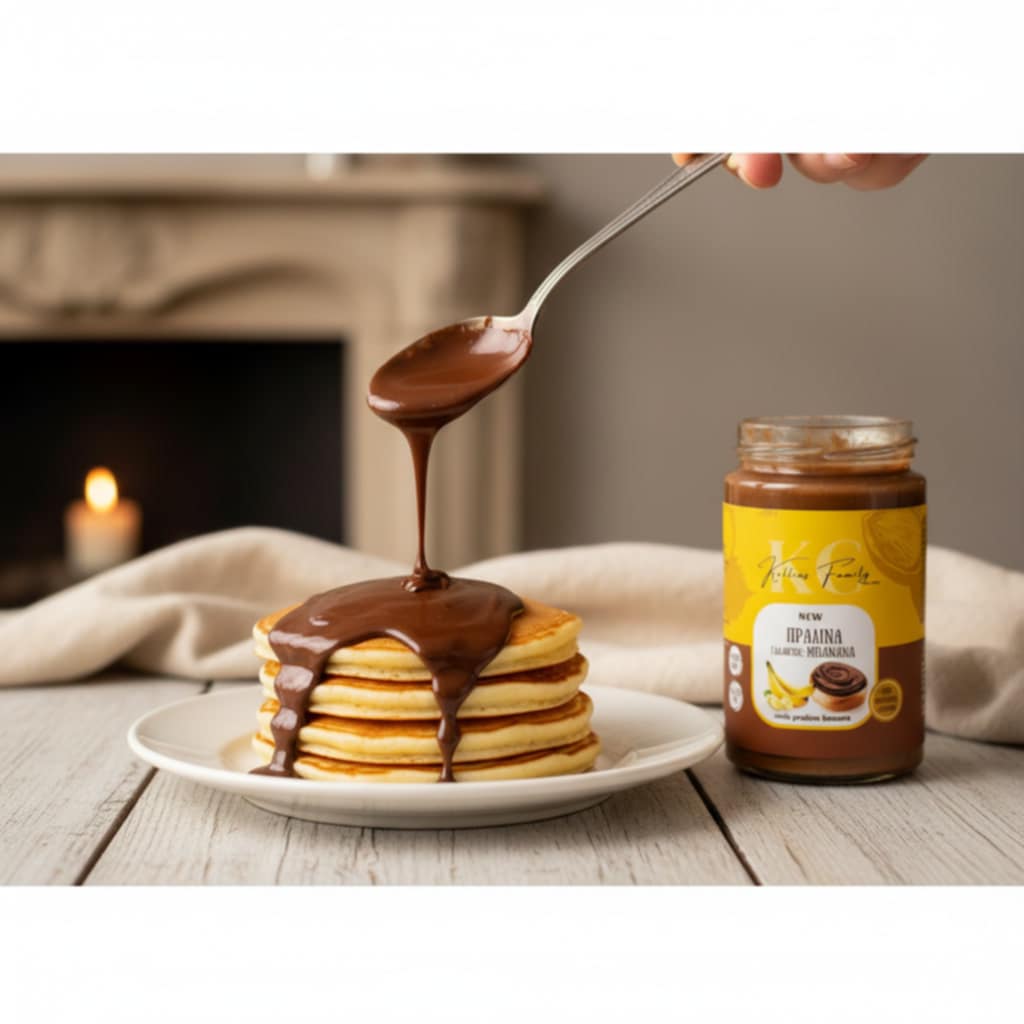 Πραλίνα σοκολάτας μπανάνα σε pancakes σε ζεστή, χειμωνιάτικη ατμόσφαιρα